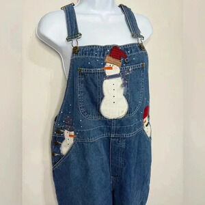 HAIKS Vintage Snowman Christmas Denim Overalls Size Medium Large